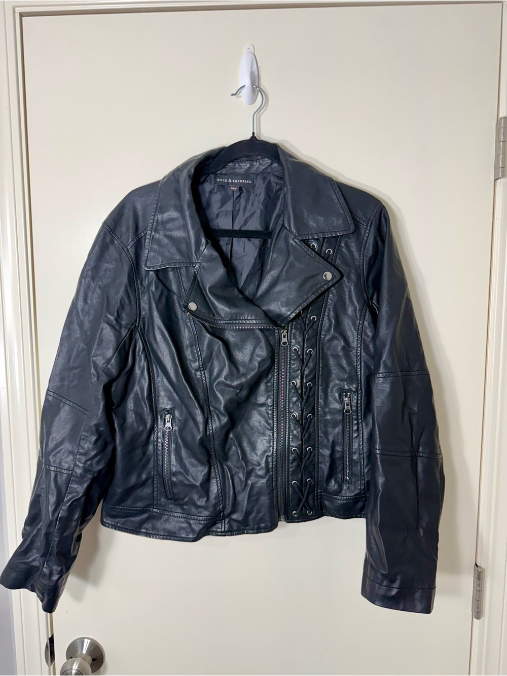 Rock & Republic Black Lace-Trim Faux Leather Moto Jacket Size XXL